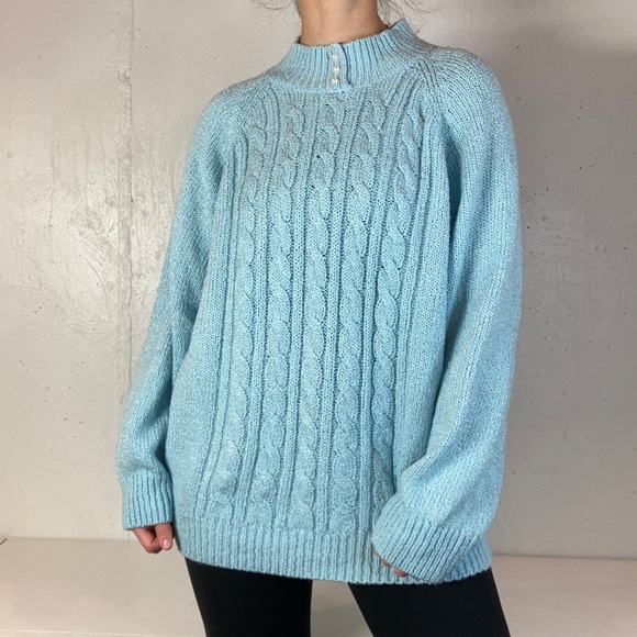 Vintage Pastel Baby Blue Cable Knit Turtleneck Sweater - Picture 1 of 10